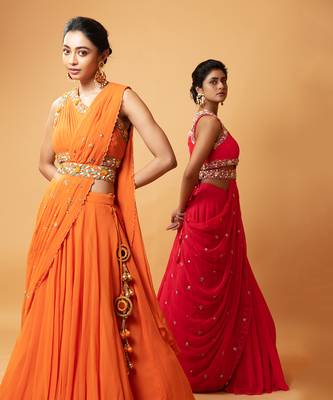 Draped Lehenga With Georgette Fabric And Pure Handwork 5