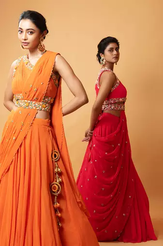 Draped Lehenga With Georgette Fabric And Pure Handwork