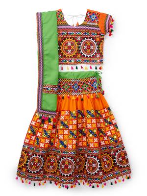 Banjara India Kutchi EmbroideOrangeGirls Chaniya Choli with Dupatta (CC1-BWR) - Orange 1