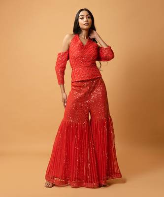 Red Sequined Haulterneck, Offshoulder Sharara Set. 1