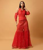 Red Sequined Haulterneck, Offshoulder Sharara Set.