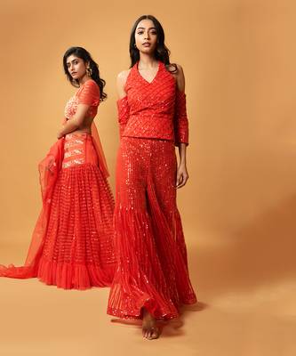 Red Sequined Haulterneck, Offshoulder Sharara Set. 2