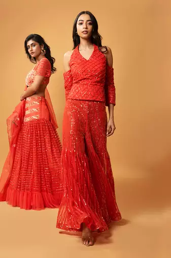 Red Sequined Haulterneck, Offshoulder Sharara Set.