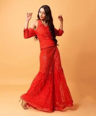 Red Sequined Haulterneck, Offshoulder Sharara Set. 3