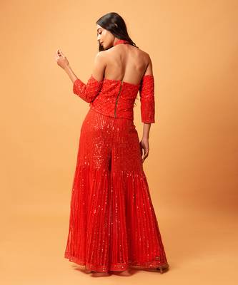 Red Sequined Haulterneck, Offshoulder Sharara Set. 4