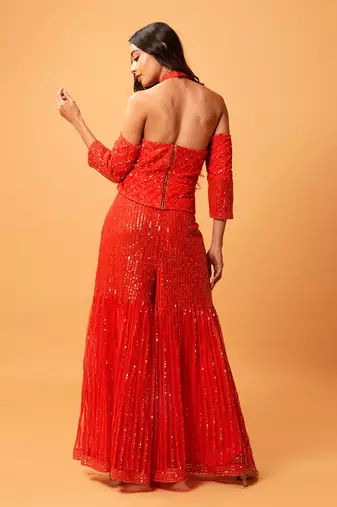 Red Sequined Haulterneck, Offshoulder Sharara Set.