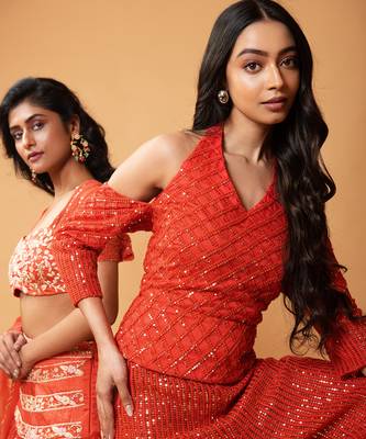 Red Sequined Haulterneck, Offshoulder Sharara Set. 5