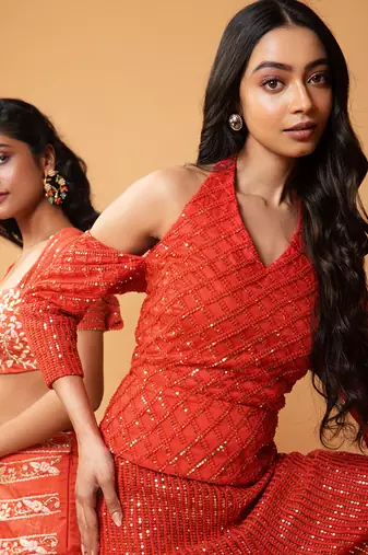 Red Sequined Haulterneck, Offshoulder Sharara Set.