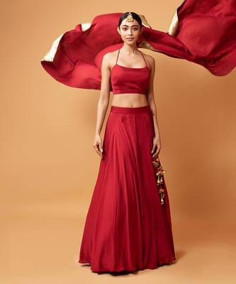 Deep Red Coloured Sleeveless Lehenga. 2