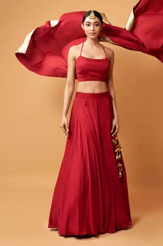 Deep Red Coloured Sleeveless Lehenga.