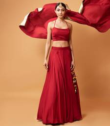 Deep Red Coloured Sleeveless Lehenga.