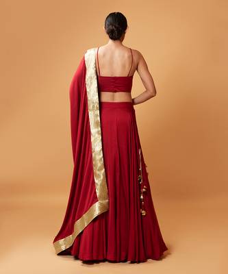Deep Red Coloured Sleeveless Lehenga. 3