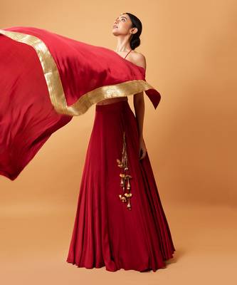 Deep Red Coloured Sleeveless Lehenga. 4