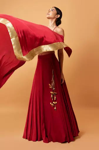 Deep Red Coloured Sleeveless Lehenga.
