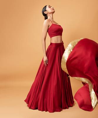 Deep Red Coloured Sleeveless Lehenga. 5