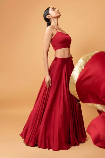 Deep Red Coloured Sleeveless Lehenga.