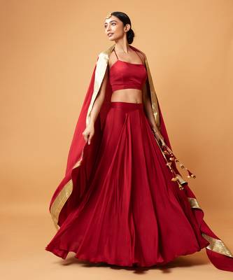 Deep Red Coloured Sleeveless Lehenga. 1