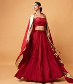 Deep Red Coloured Sleeveless Lehenga.