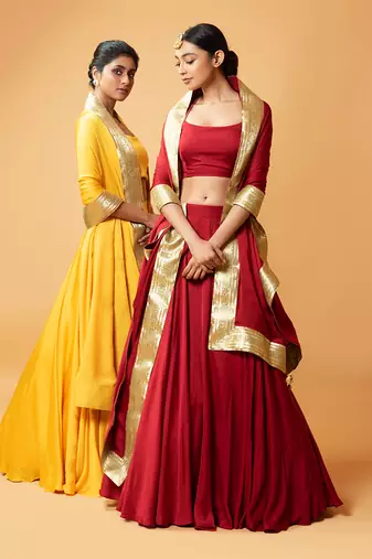 Deep Red Coloured Sleeveless Lehenga.