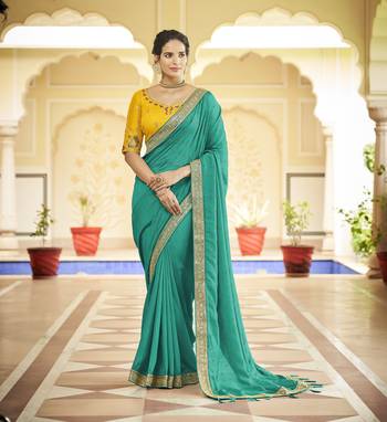 TURQUOISE VICHITRA SILK SWAROSKI JARI WITH DORI & SEQUENCE WORK TASSELS SAREE 1
