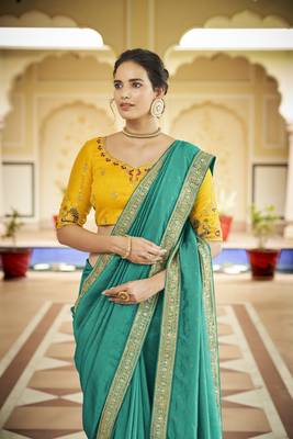 TURQUOISE VICHITRA SILK SWAROSKI JARI WITH DORI & SEQUENCE WORK TASSELS SAREE 3