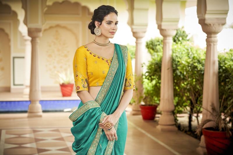 TURQUOISE VICHITRA SILK SWAROSKI JARI WITH DORI & SEQUENCE WORK TASSELS SAREE