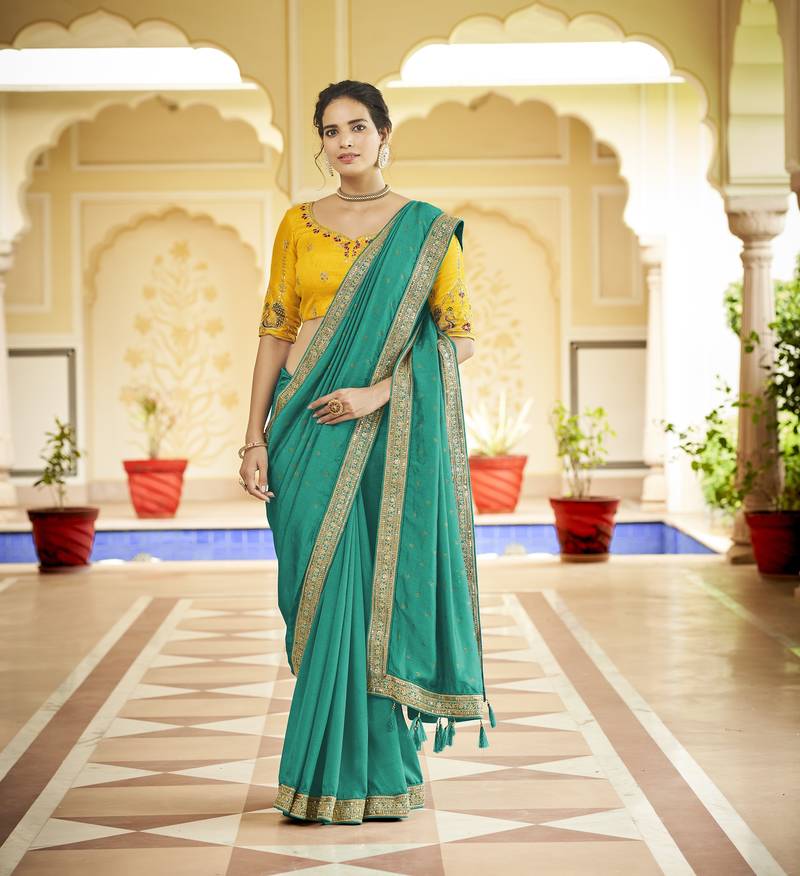 TURQUOISE VICHITRA SILK SWAROSKI JARI WITH DORI & SEQUENCE WORK TASSELS SAREE