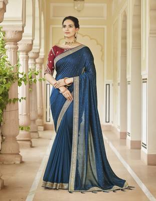 TEAL BLUE VICHITRA SILK SWAROSKI JARI WITH DORI & SEQUENCE WORK TASSELS SAREE 1