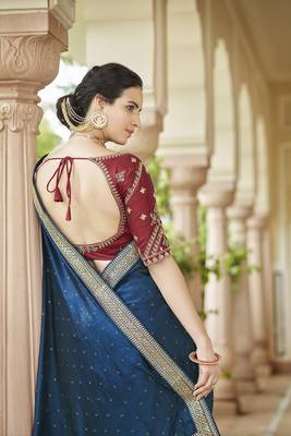 TEAL BLUE VICHITRA SILK SWAROSKI JARI WITH DORI & SEQUENCE WORK TASSELS SAREE 3