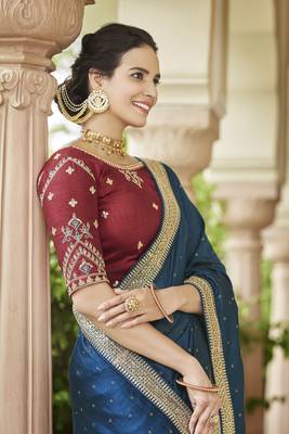 TEAL BLUE VICHITRA SILK SWAROSKI JARI WITH DORI & SEQUENCE WORK TASSELS SAREE 4