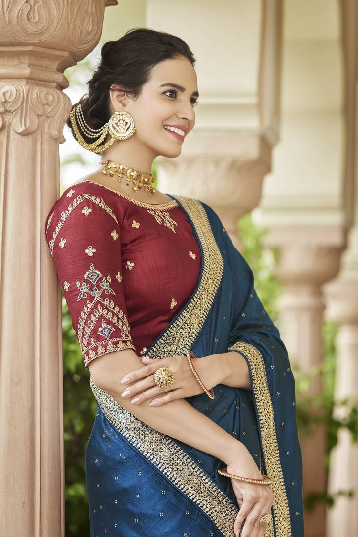 TEAL BLUE VICHITRA SILK SWAROSKI JARI WITH DORI & SEQUENCE WORK TASSELS SAREE