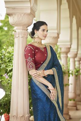 TEAL BLUE VICHITRA SILK SWAROSKI JARI WITH DORI & SEQUENCE WORK TASSELS SAREE 5
