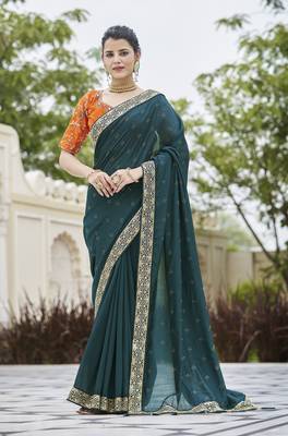 TURQUOISE VICHITRA SILK SWAROSKI JARI WITH DORI & SEQUENCE WORK TASSELS SAREE 1