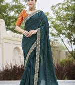 TURQUOISE VICHITRA SILK SWAROSKI JARI WITH DORI & SEQUENCE WORK TASSELS SAREE