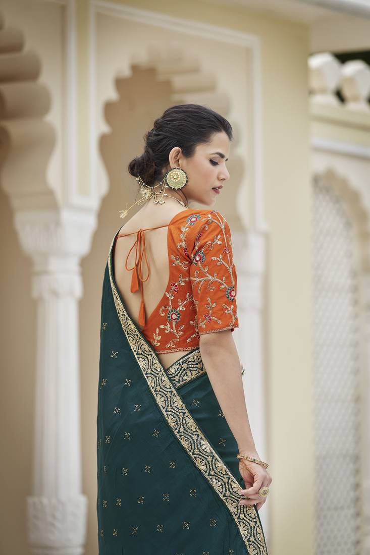 TURQUOISE VICHITRA SILK SWAROSKI JARI WITH DORI & SEQUENCE WORK TASSELS SAREE