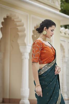 TURQUOISE VICHITRA SILK SWAROSKI JARI WITH DORI & SEQUENCE WORK TASSELS SAREE 4