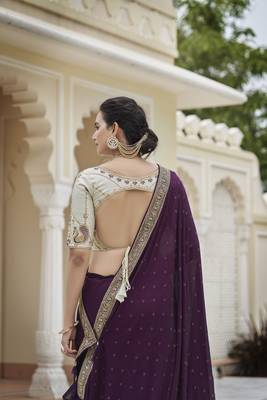 PURPLE VICHITRA SILK SWAROSKI JARI WITH DORI & SEQUENCE WORK TASSELS SAREE 3