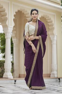 PURPLE VICHITRA SILK SWAROSKI JARI WITH DORI & SEQUENCE WORK TASSELS SAREE 5