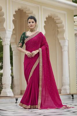 DARK PINK VICHITRA SILK SWAROSKI JARI WITH DORI & SEQUENCE WORK TASSELS SAREE 1