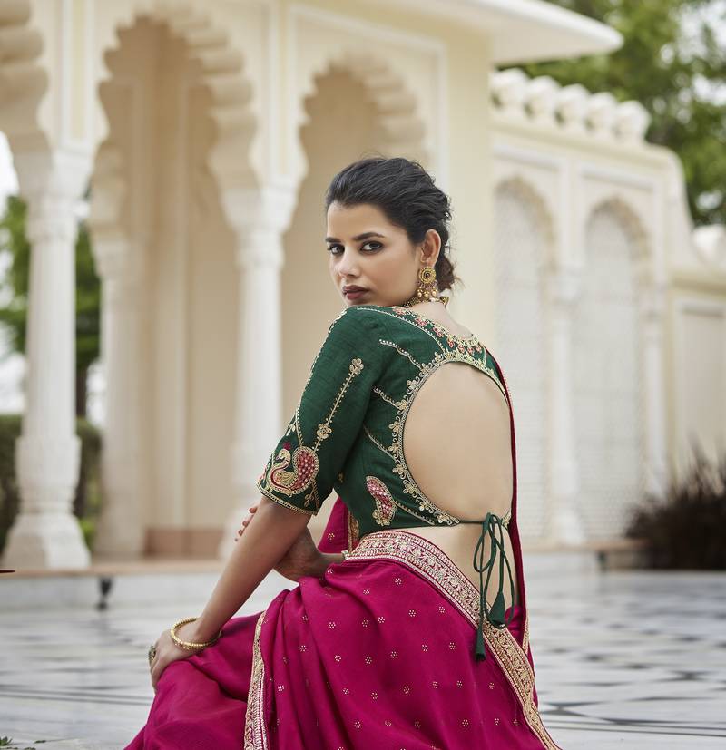 DARK PINK VICHITRA SILK SWAROSKI JARI WITH DORI & SEQUENCE WORK TASSELS SAREE