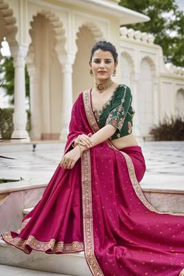 DARK PINK VICHITRA SILK SWAROSKI JARI WITH DORI & SEQUENCE WORK TASSELS SAREE 5
