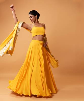 Bright Yellow Coloured Sleeveless Lehenga. 3