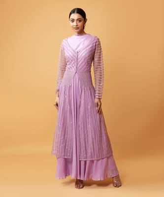Lilac Coloured Gown With Muslin Fabric And Sequined Net Jacket 1