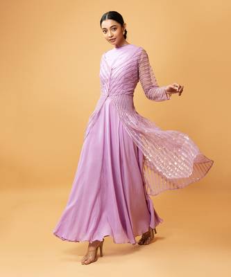 Lilac Coloured Gown With Muslin Fabric And Sequined Net Jacket 2