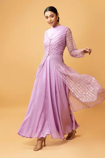 Lilac Coloured Gown With Muslin Fabric And Sequined Net Jacket