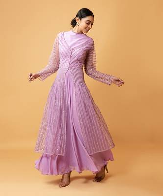 Lilac Coloured Gown With Muslin Fabric And Sequined Net Jacket 3
