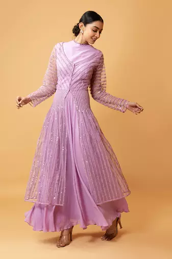 Lilac Coloured Gown With Muslin Fabric And Sequined Net Jacket
