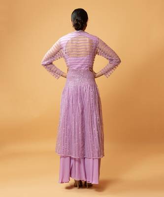 Lilac Coloured Gown With Muslin Fabric And Sequined Net Jacket 4