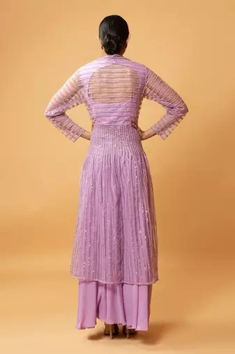 Lilac Coloured Gown With Muslin Fabric And Sequined Net Jacket