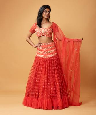 Red Ruffle Lehenga With Organza Dupatta 1